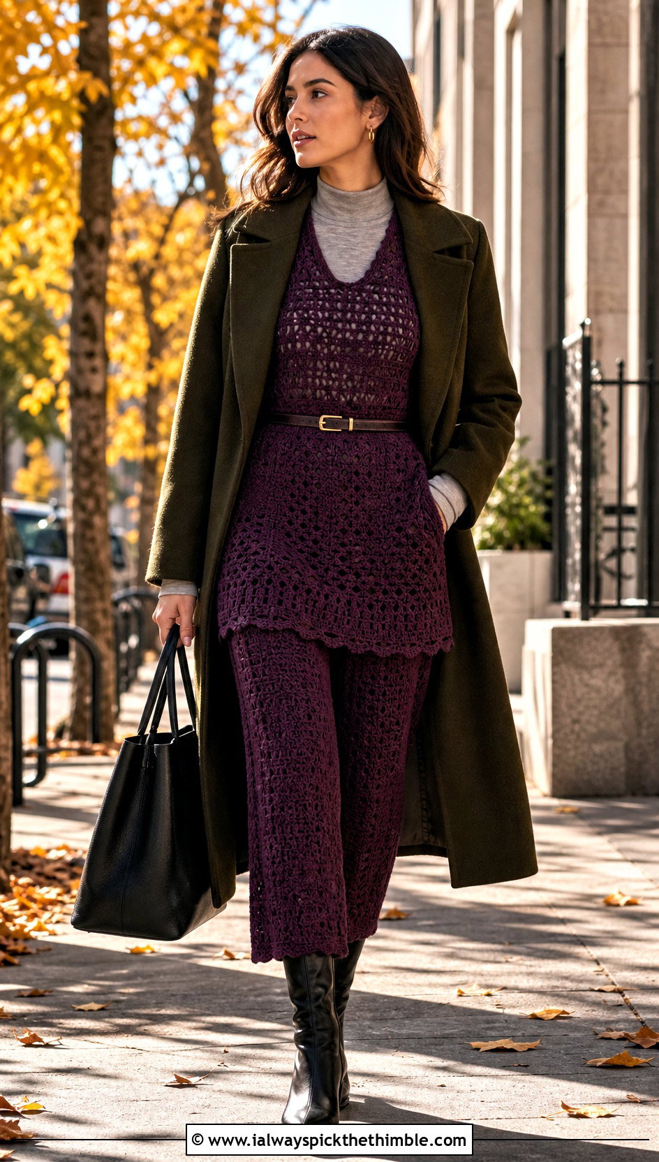 Crochet Tunic Top And Straight Leg Pants Set With Tall Boots - 20 crochet pants set outfit ideas