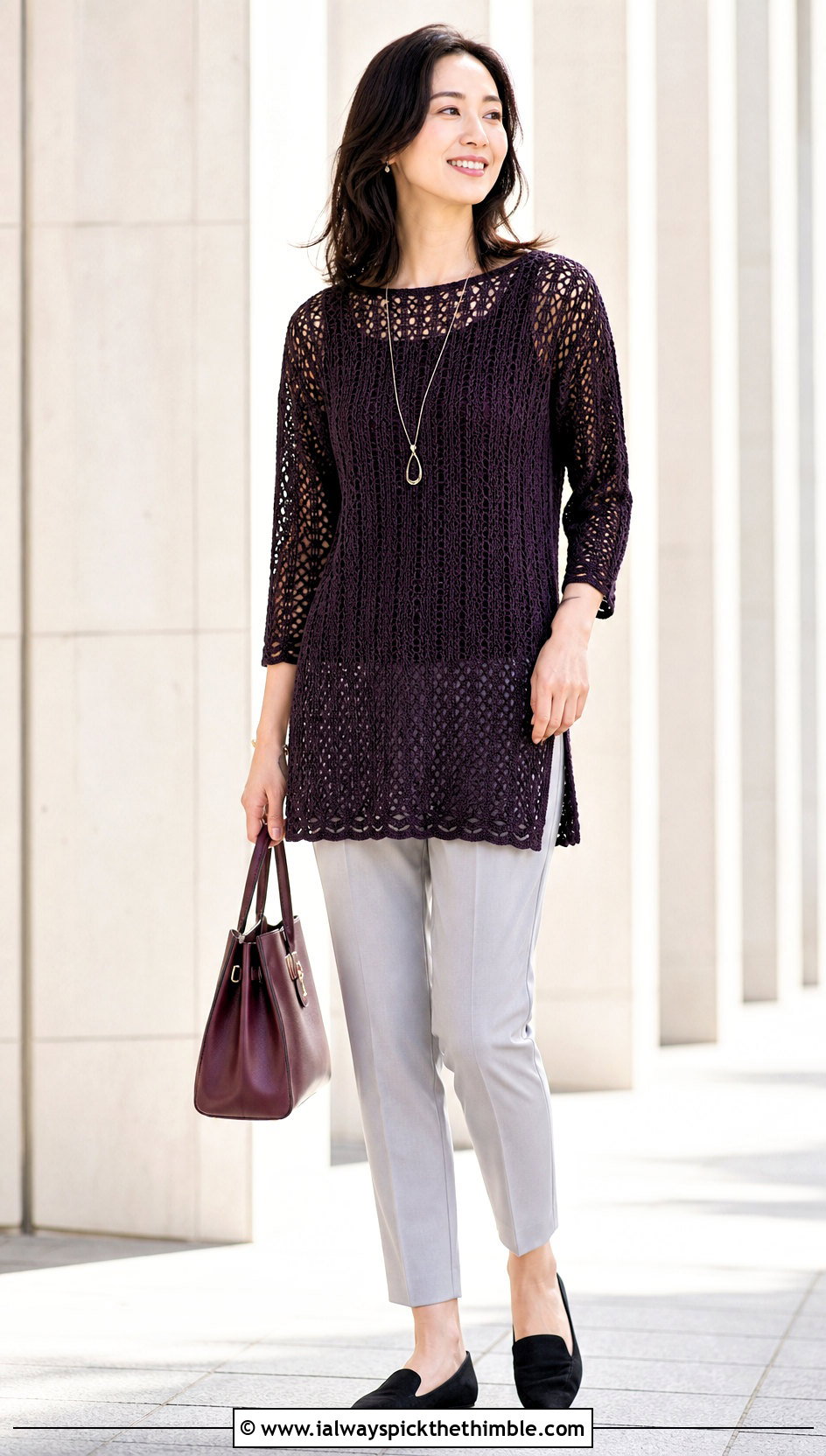 Crochet Tunic Top With Slim Ankle Pants - 20 Crochet Spring Top outfit ideas