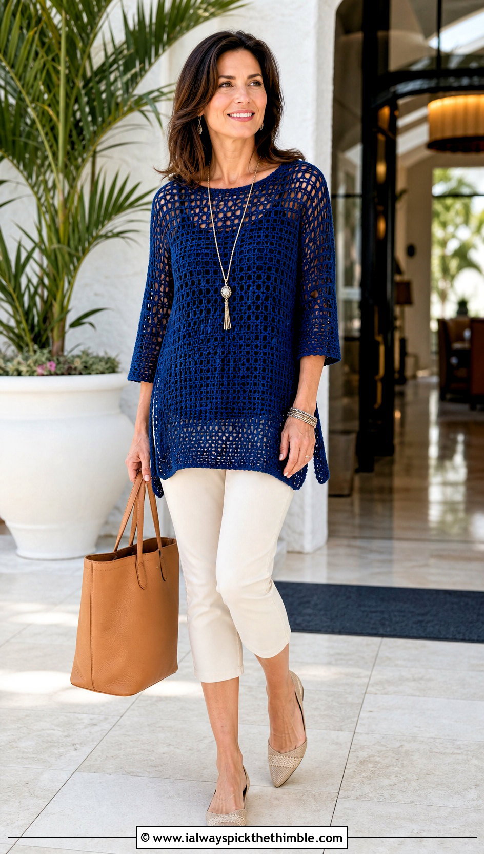 Crochet Tunic Top With Slim Capri Pants - 20 Boho Crochet Summer Tops outfit ideas