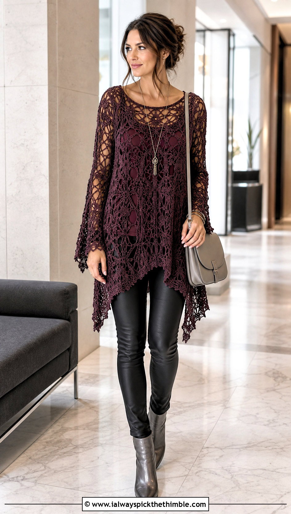 Crochet Tunic Top With Slim Leather Pants - 25 boho crochet top outfit ideas