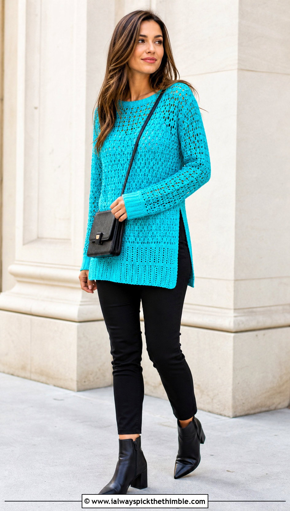 Crochet Tunic Top With Slim Pants - 25 crochet tops outfit ideas