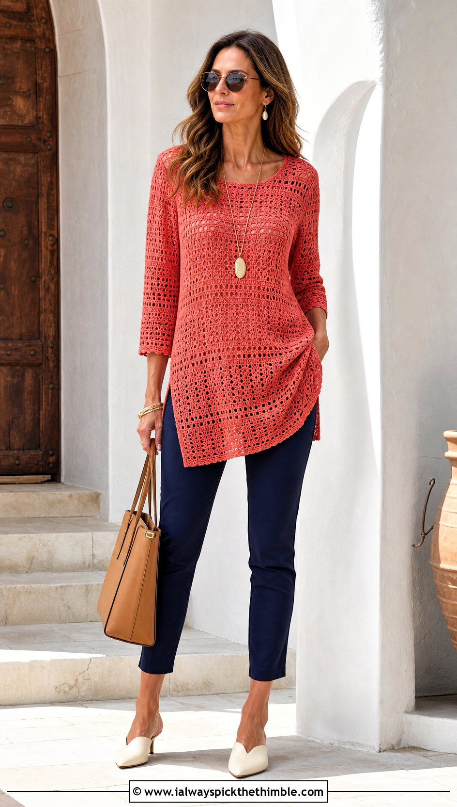 Crochet Tunic Top With Slim Pants - 20 different types of crochet tops outfit ideas