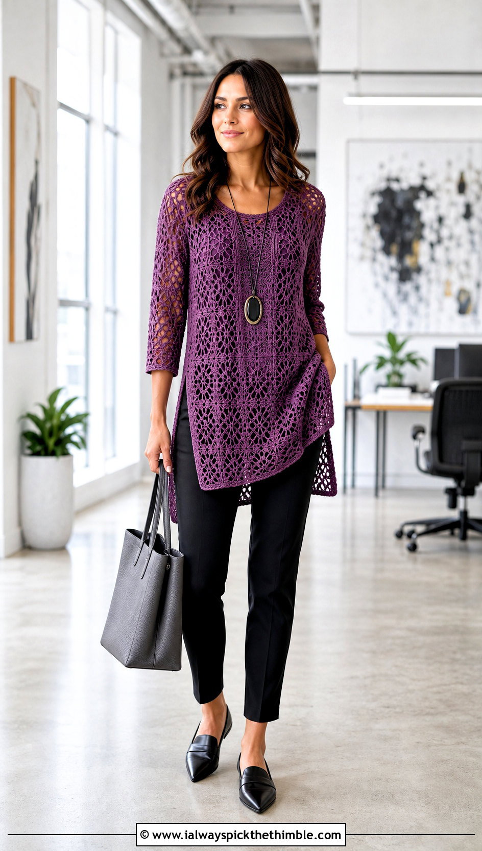 Crochet Tunic Top With Slim Trousers - 25 freehand crochet top outfit ideas