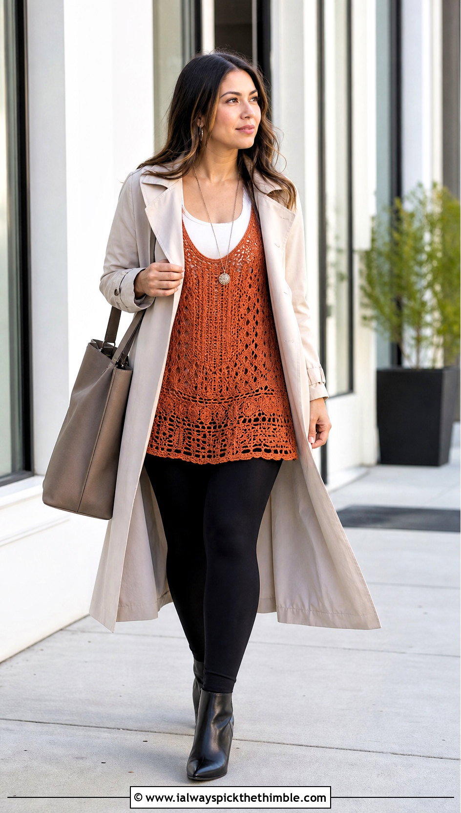 Crochet Tunic Top With Trench Coat And Leggings - 25 simple crochet top outfit ideas