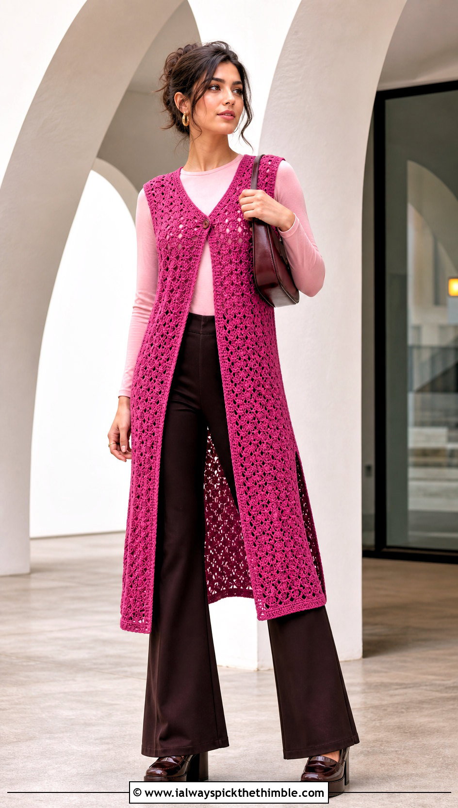 Crochet Tunic Vest With Flared Pants - 25 easy crochet vest outfit ideas