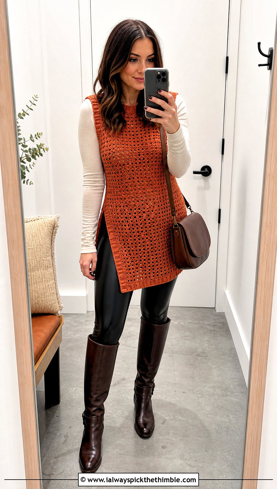 Crochet Tunic With Faux Leather Leggings And Riding Boots - 20 Fall Crochet Outfit Ideas