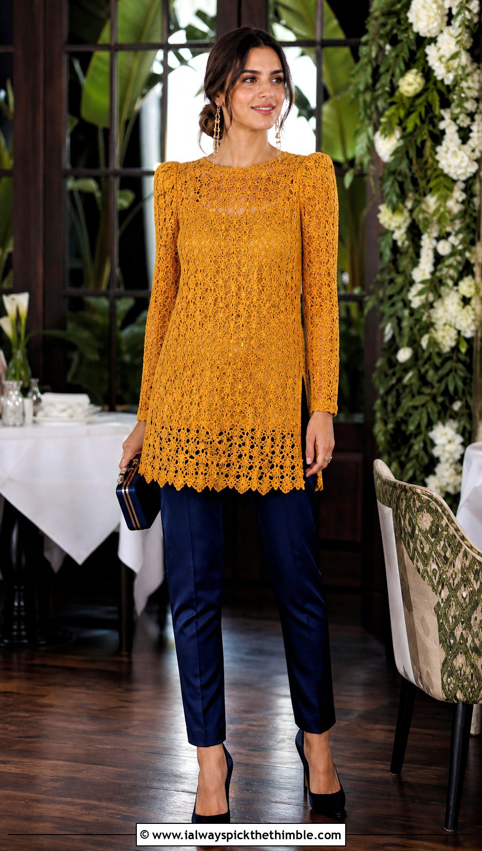 Crochet Tunic With Slim Satin Pants - 20 crochet wedding guest outfit ideas