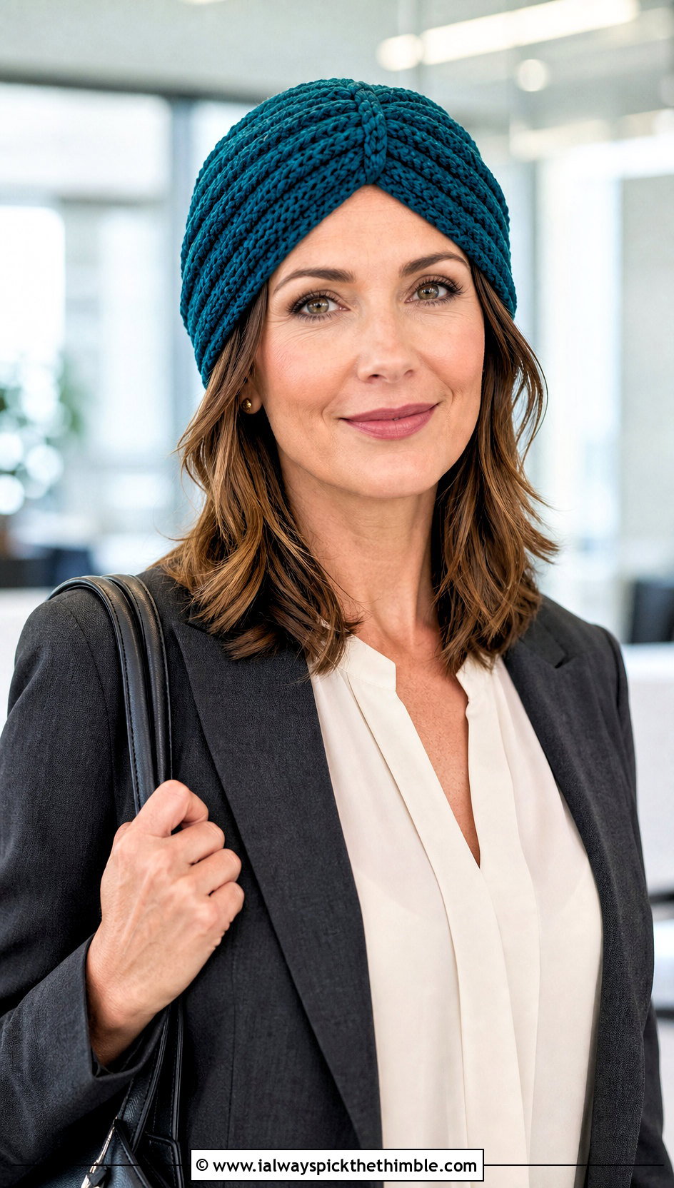 Crochet Turban Chemo Hat With Layered Hair And Tailored Trousers - 15 crochet chemo hat with hair outfit ideas