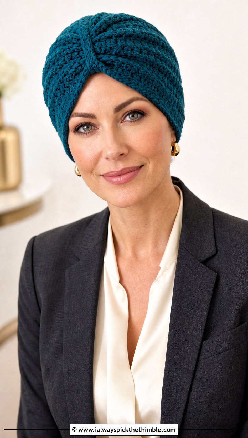 Crochet Turban Chemo Hat With Tailored Trousers - 20 Easy Crochet Chemo Hats outfit ideas