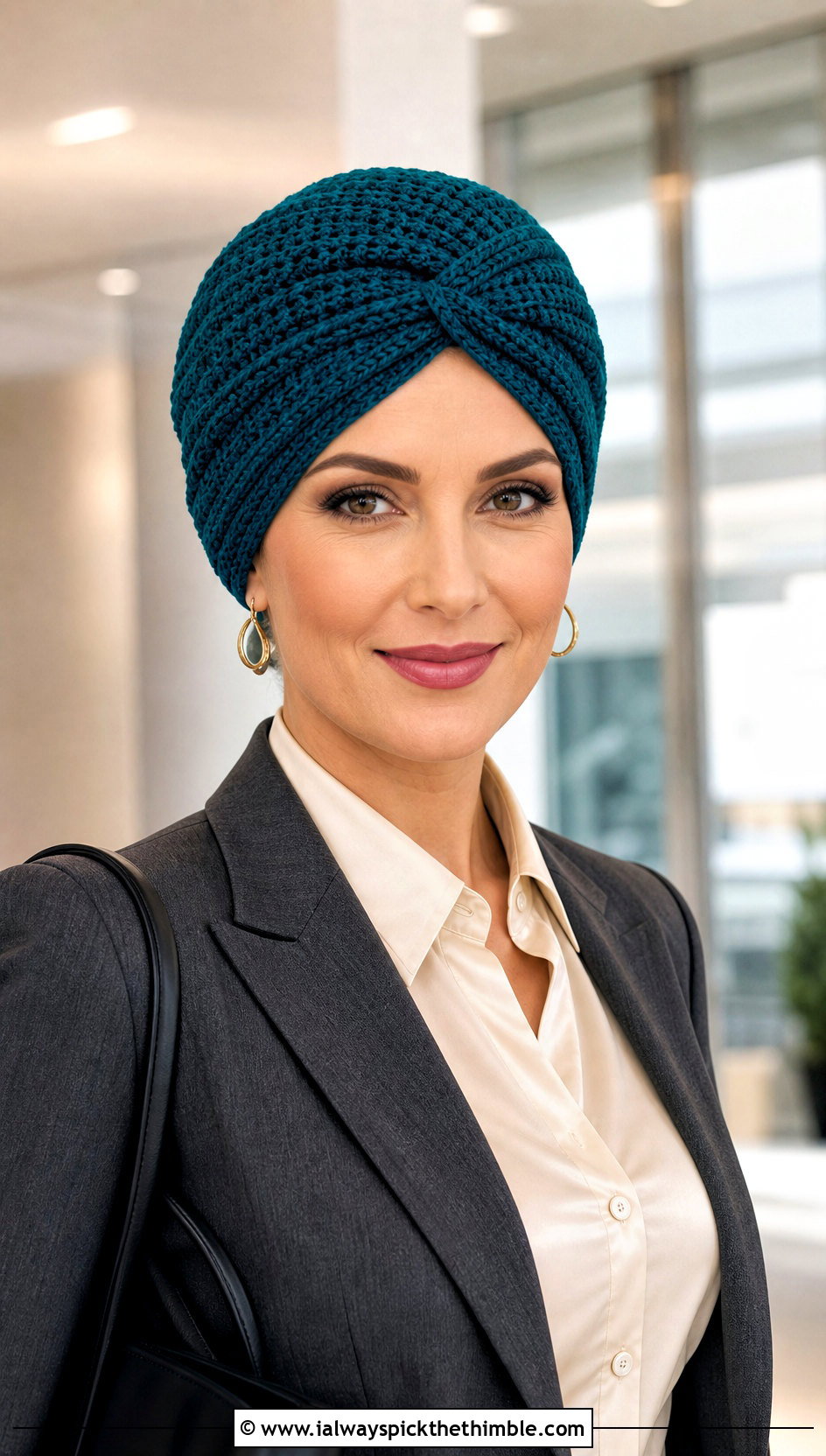 Crochet Turban Chemo Hat With Tailored Trousers - 20 crochet chemo hat outfit ideas
