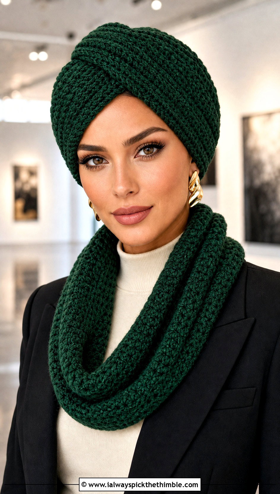 Crochet Turban Hat And Loop Scarf With Blazer Dress - 20 crochet hat scarf outfit ideas