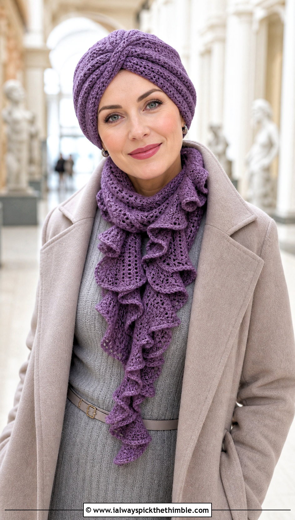 Crochet Turban Hat And Ruffle Scarf With Knit Dress - 20 crochet scarf hat combo outfit ideas