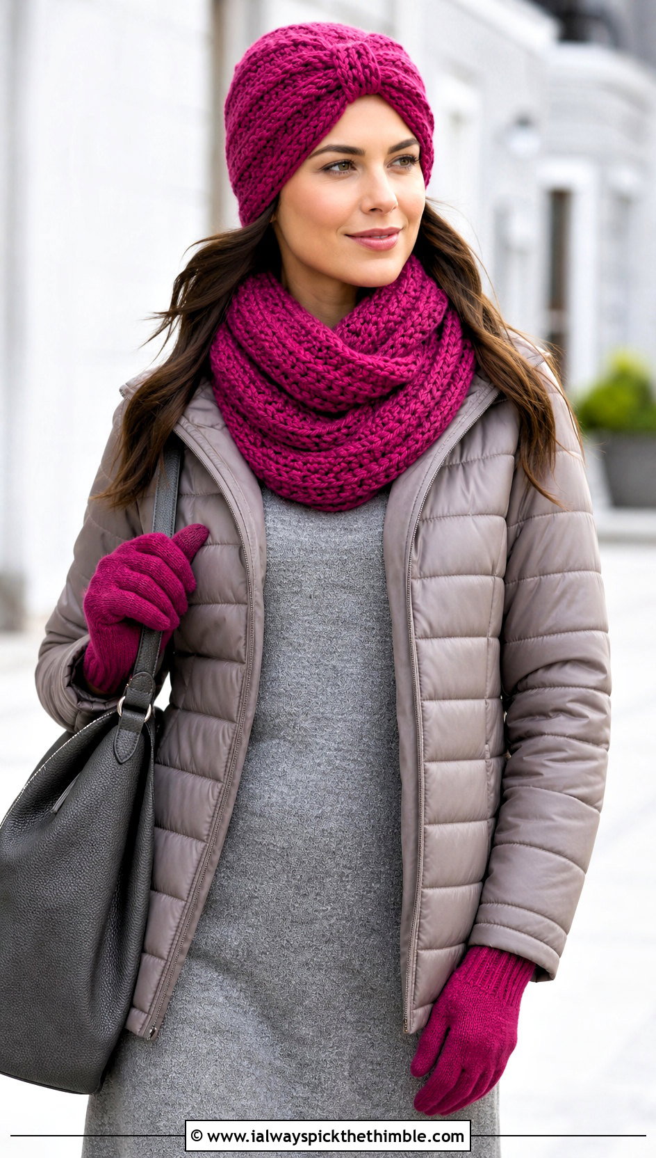 Crochet Turban Hat Loop Scarf And Gloves With Sweater Dress - 20 crochet hat scarf gloves set outfit ideas