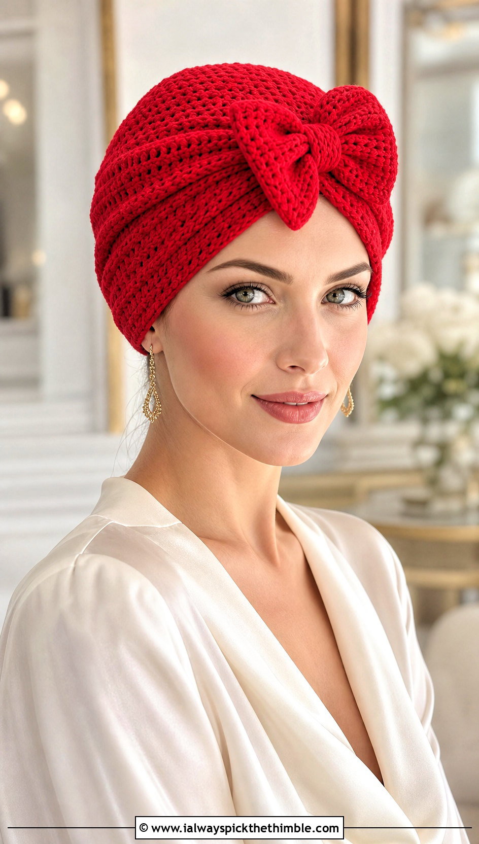 Crochet Turban Hat With Bow And Satin Blouse - 20 Crochet Hat With Bow outfit ideas