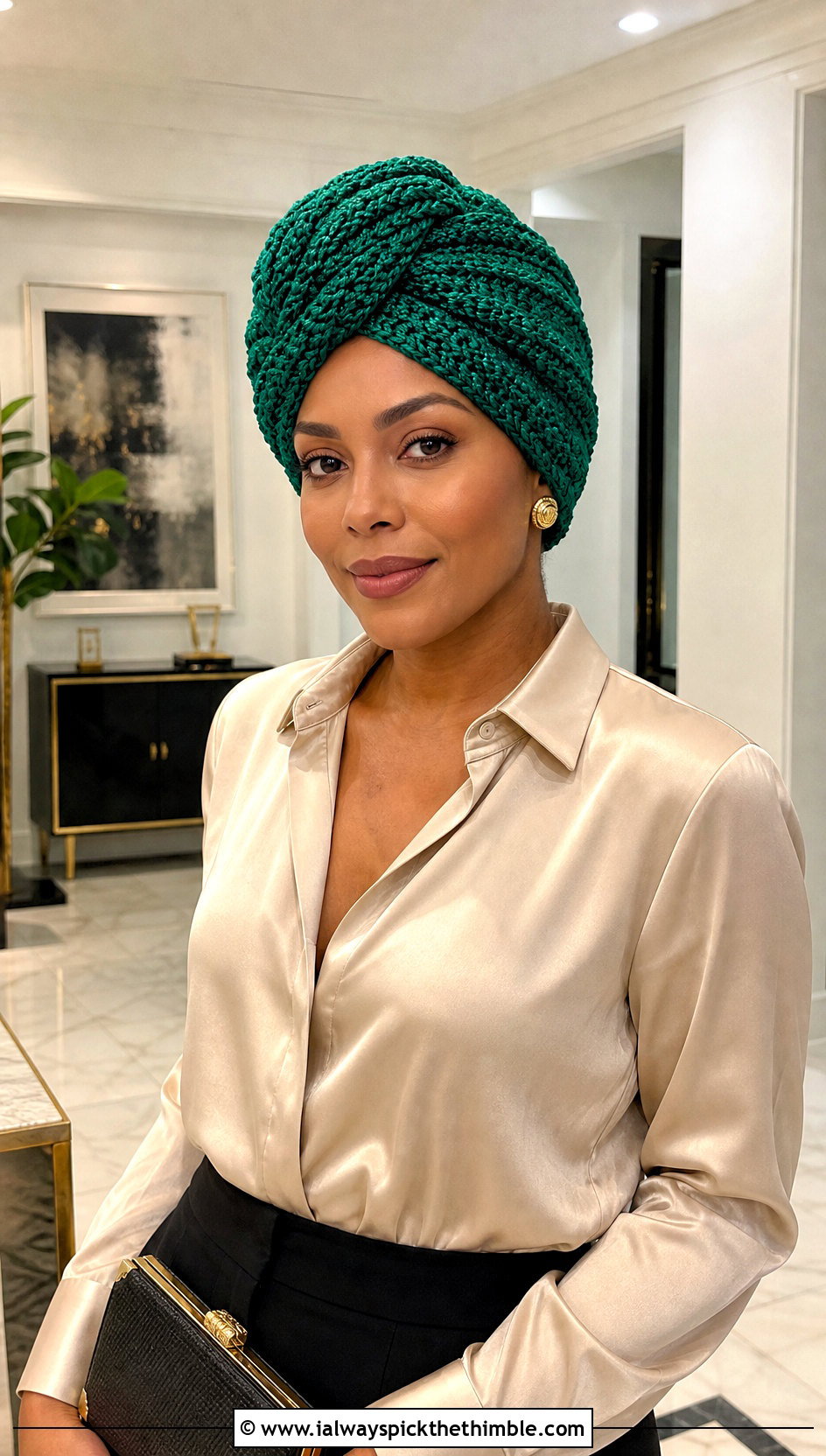 Crochet Turban Hat With Satin Blouse And Tailored Trousers - 25 cute crochet hat outfit ideas