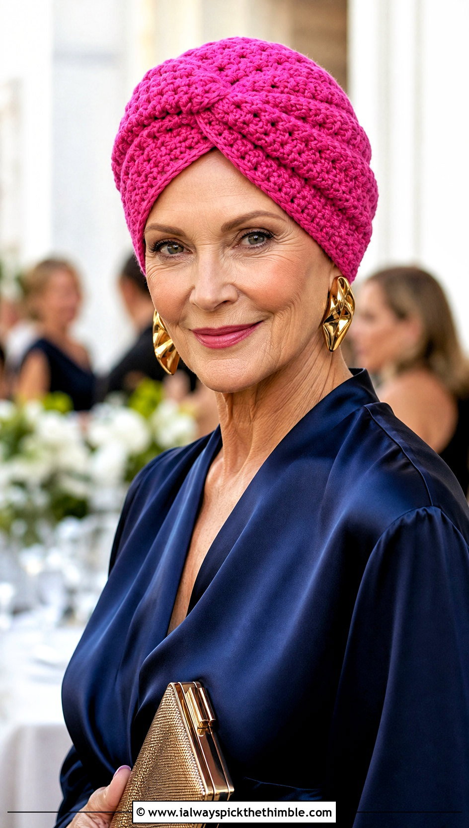 Crochet Turban Hat With Satin Blouse - 20 Crochet Hat For Grandma outfit ideas