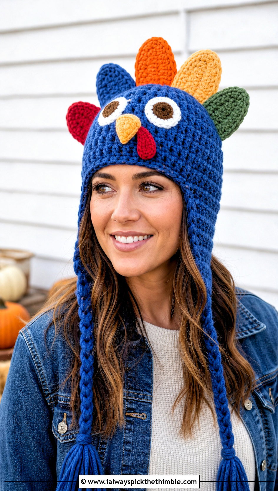 Crochet Turkey Earflap Hat With Denim Jacket - 15 Crochet Thanksgiving Hat outfit ideas