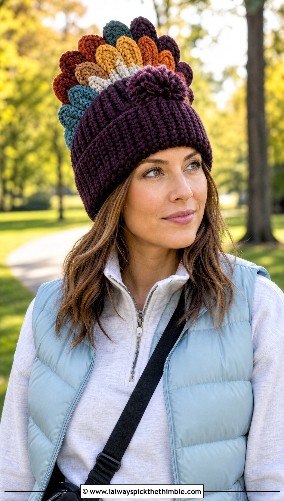 Crochet Turkey Feather Pom Pom Hat With Puffer Vest - 15 Crochet Thanksgiving Hat outfit ideas