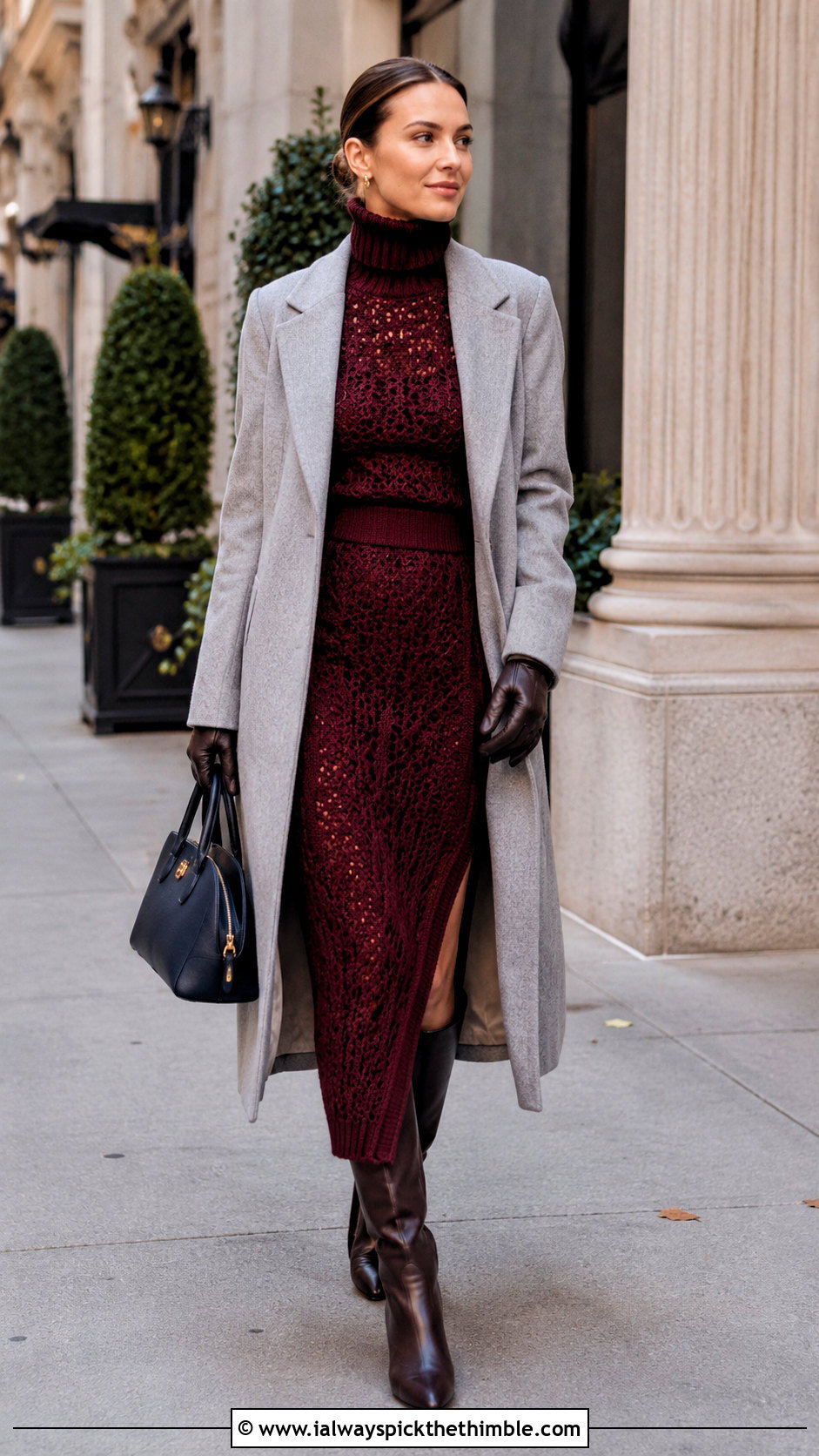 Crochet Turtleneck And Column Skirt Set With Wool Coat - 15 Autumn Crochet Clothing Set outfit ideas