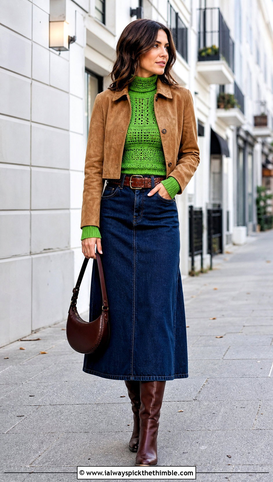 Crochet Turtleneck Sweater With Denim Maxi Skirt - 25 fall crochet sweater outfit ideas