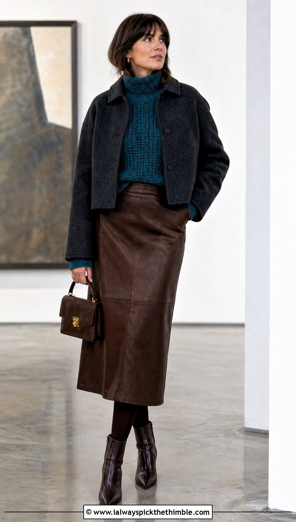 Crochet Turtleneck Sweater With Leather Midi Skirt - 20 winter crochet outfit ideas