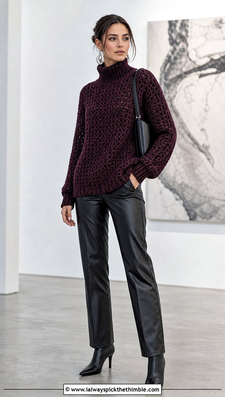 Crochet Turtleneck Sweater With Leather Pants - 20 Comfy Crochet Sweater outfit ideas