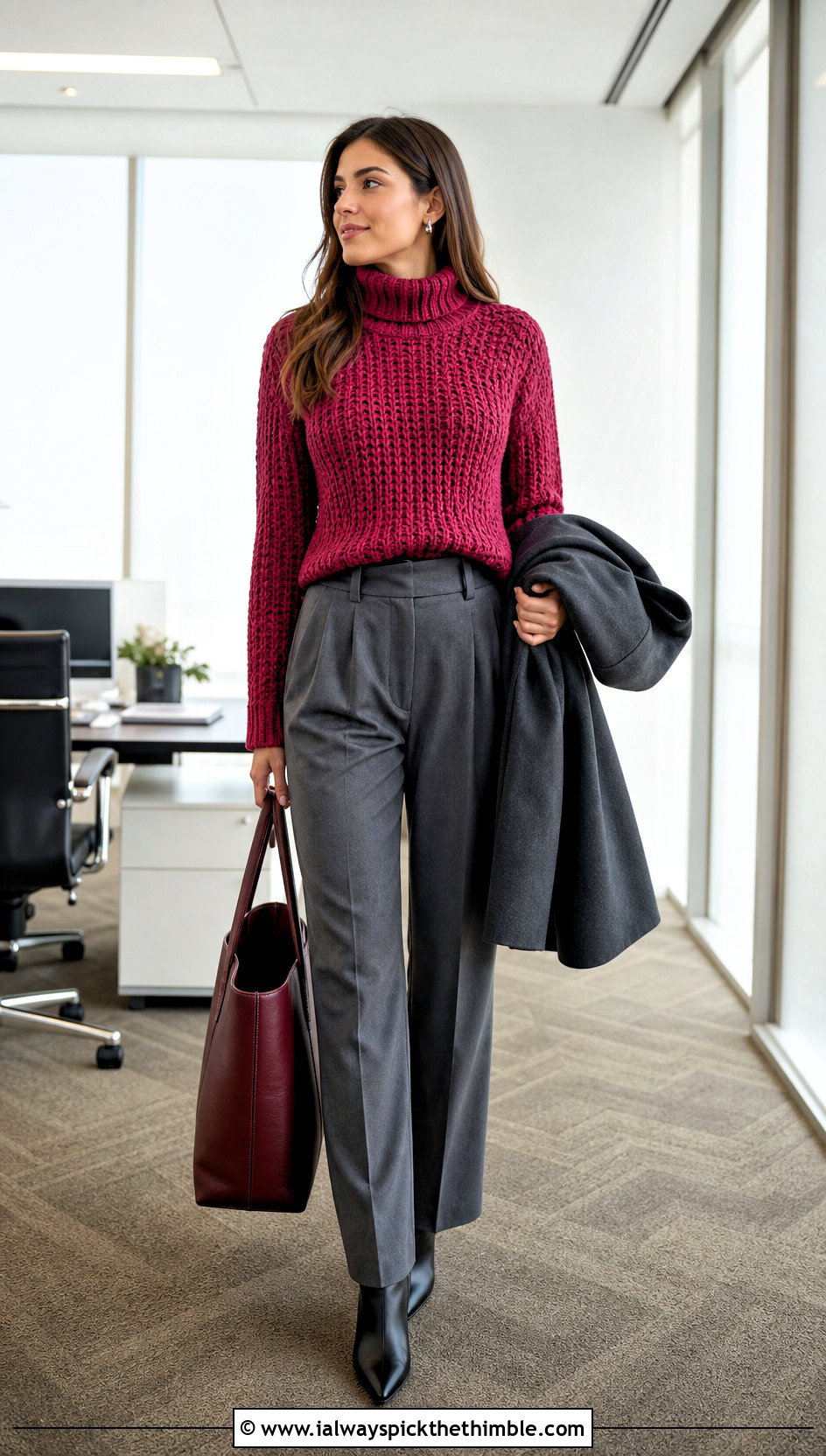 Crochet Turtleneck Sweater With Pleated Trousers And Heels - 20 Fall Crochet Clothes Ideas