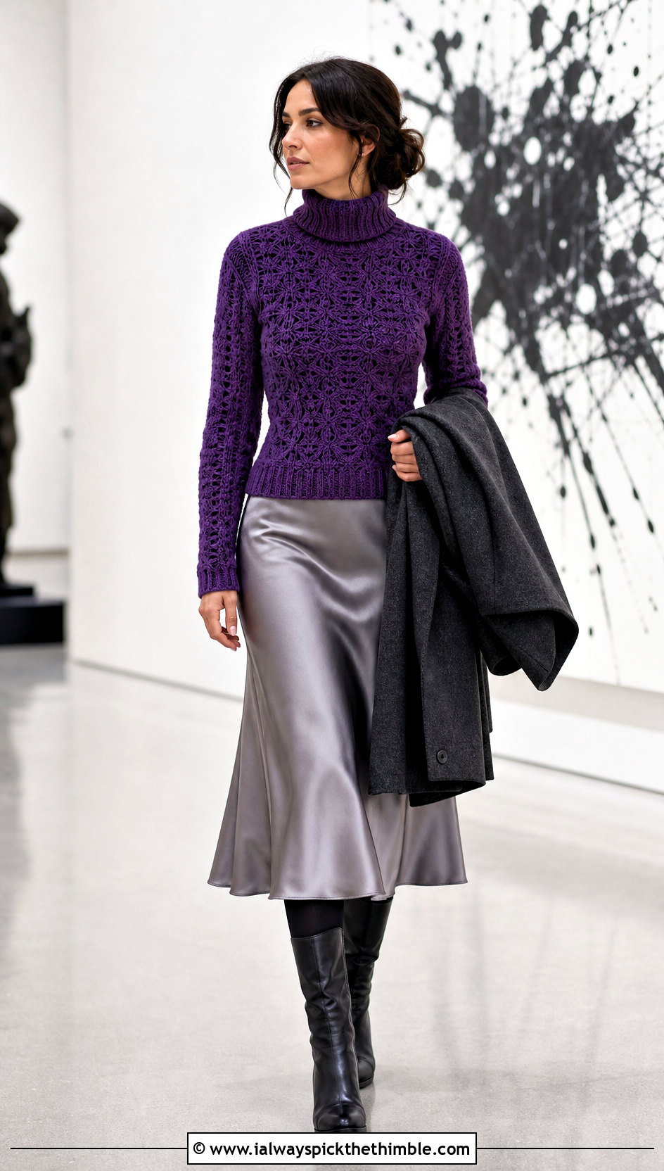 Crochet Turtleneck Sweater With Satin Midi Skirt - 25 Crochet Winter Outfits ideas