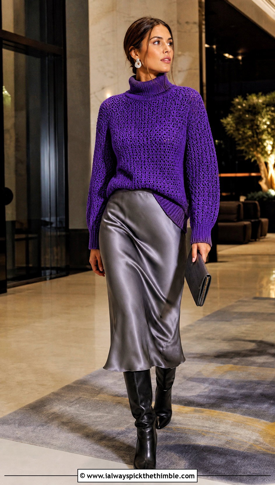 Crochet Turtleneck Sweater With Satin Skirt - 20 crochet fall outfits ideas