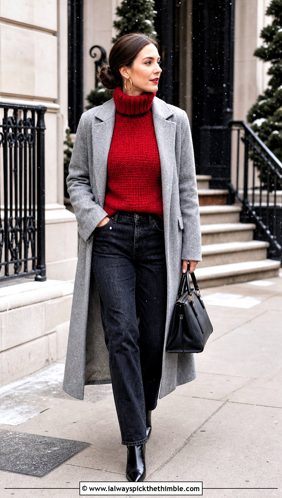 Crochet Turtleneck Sweater With Wool Coat And Jeans - 25 cute crochet sweater outfit ideas