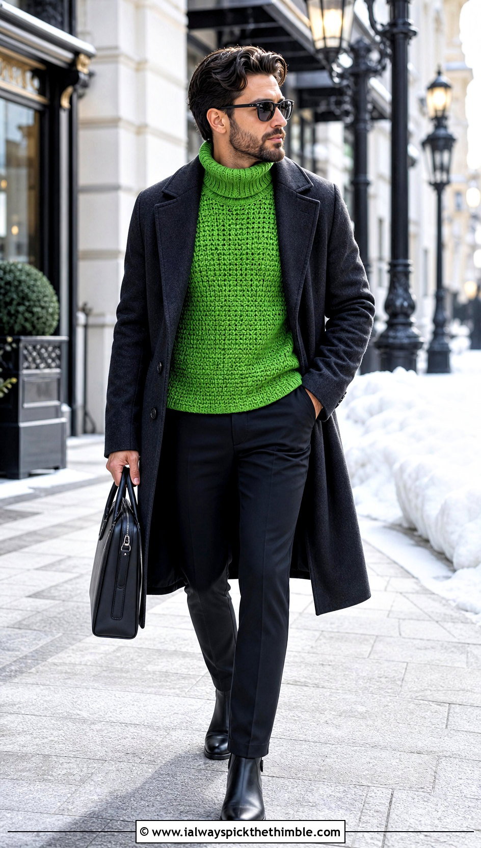 Crochet Turtleneck Sweater With Wool Coat And Tailored Pants - 25 men's crochet sweater ideas