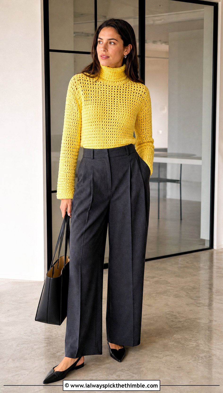 Crochet Turtleneck Top With Wide Leg Trousers - 25 crochet high neck top outfit ideas