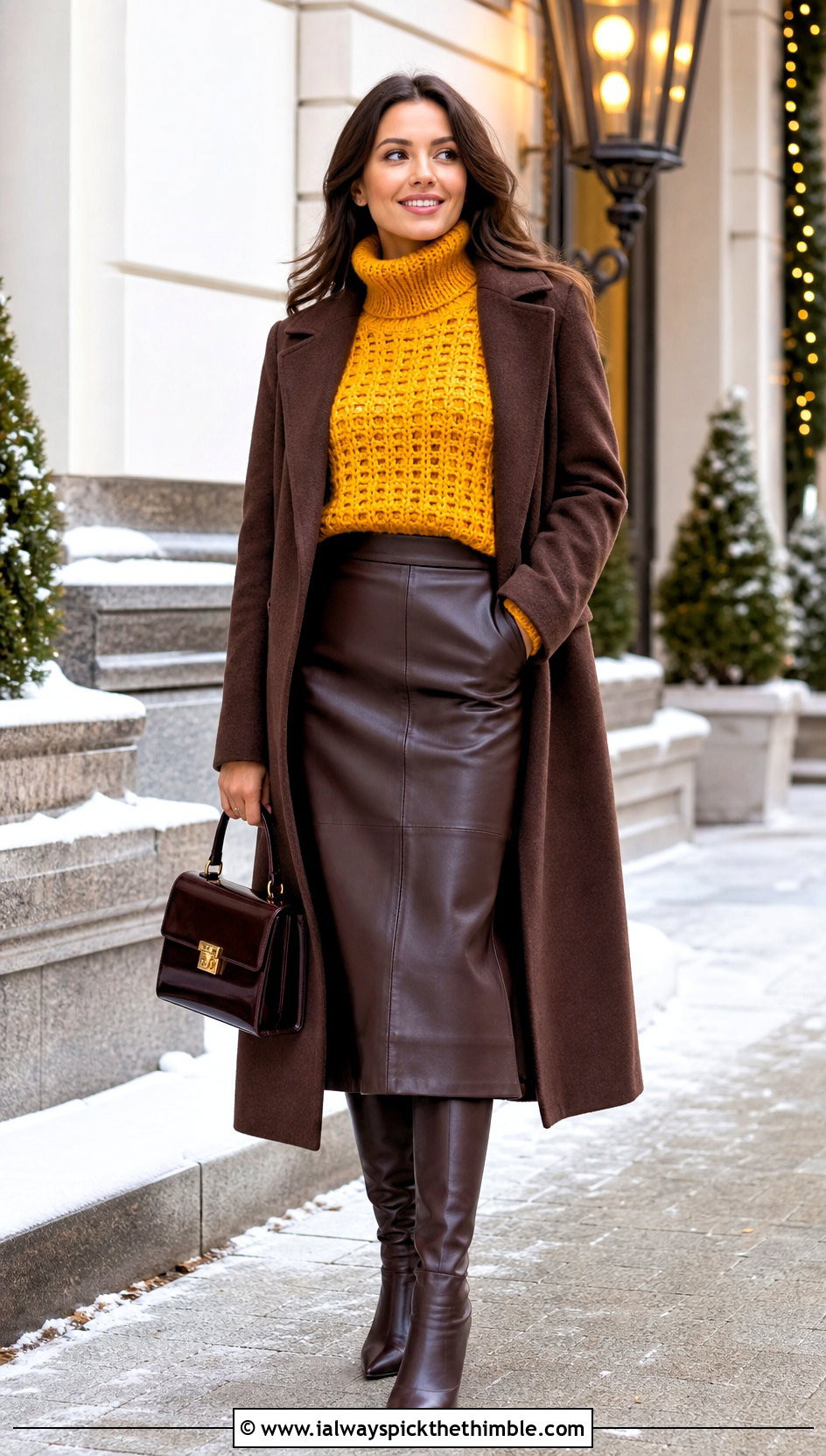 Crochet Turtleneck With Leather Midi Skirt - 20 Quick Crochet Clothes and outfit ideas