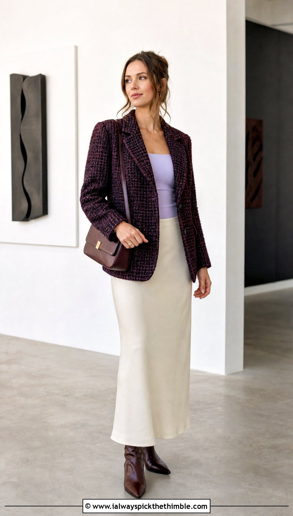 Crochet Tweed Blazer Jacket With Column Skirt - 20 crochet tweed jacket outfit ideas
