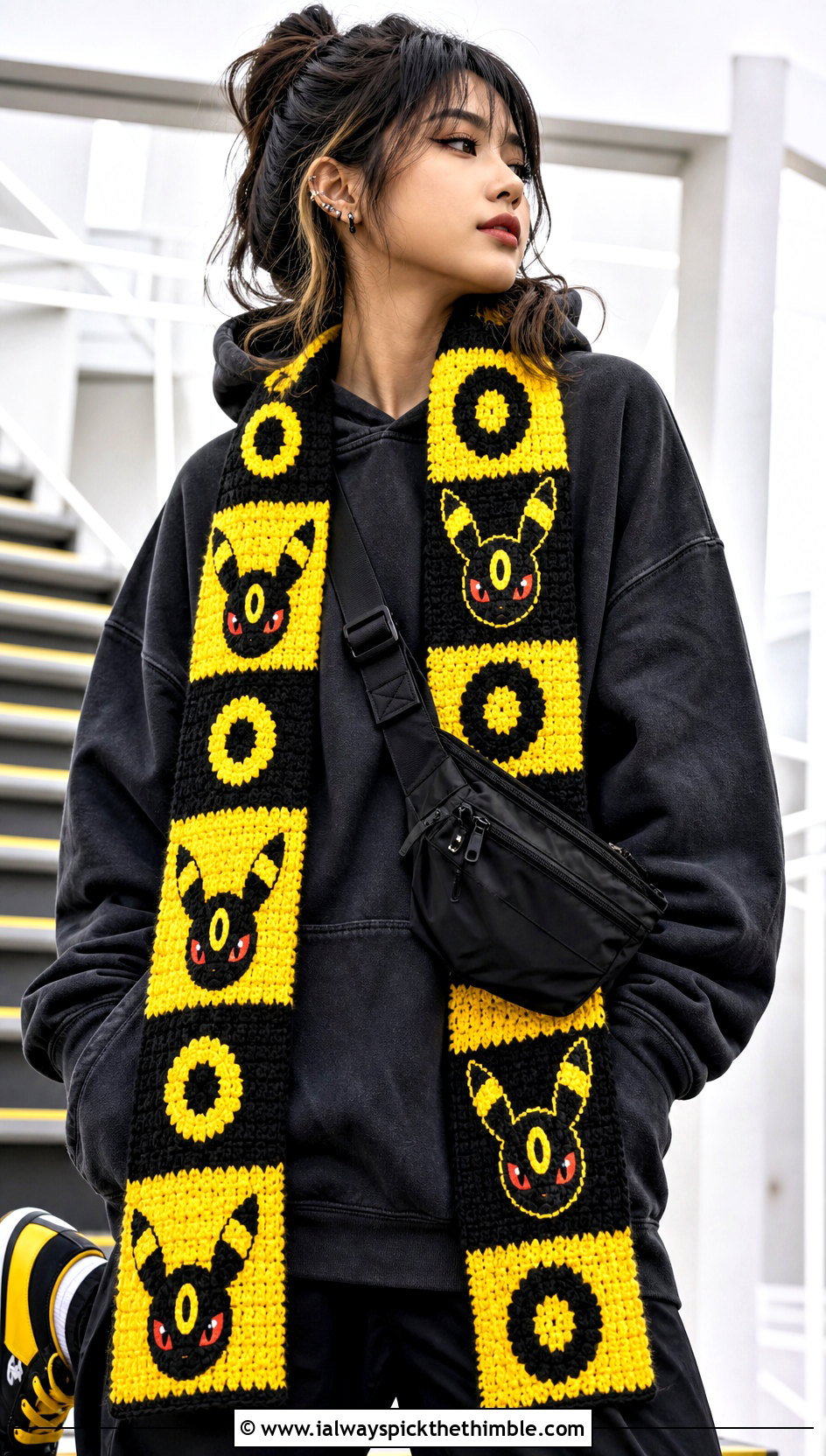 Crochet Umbreon Checkerboard Scarf With Streetwear Outfit - 20 Crochet Pokemon Scarf outfit ideas