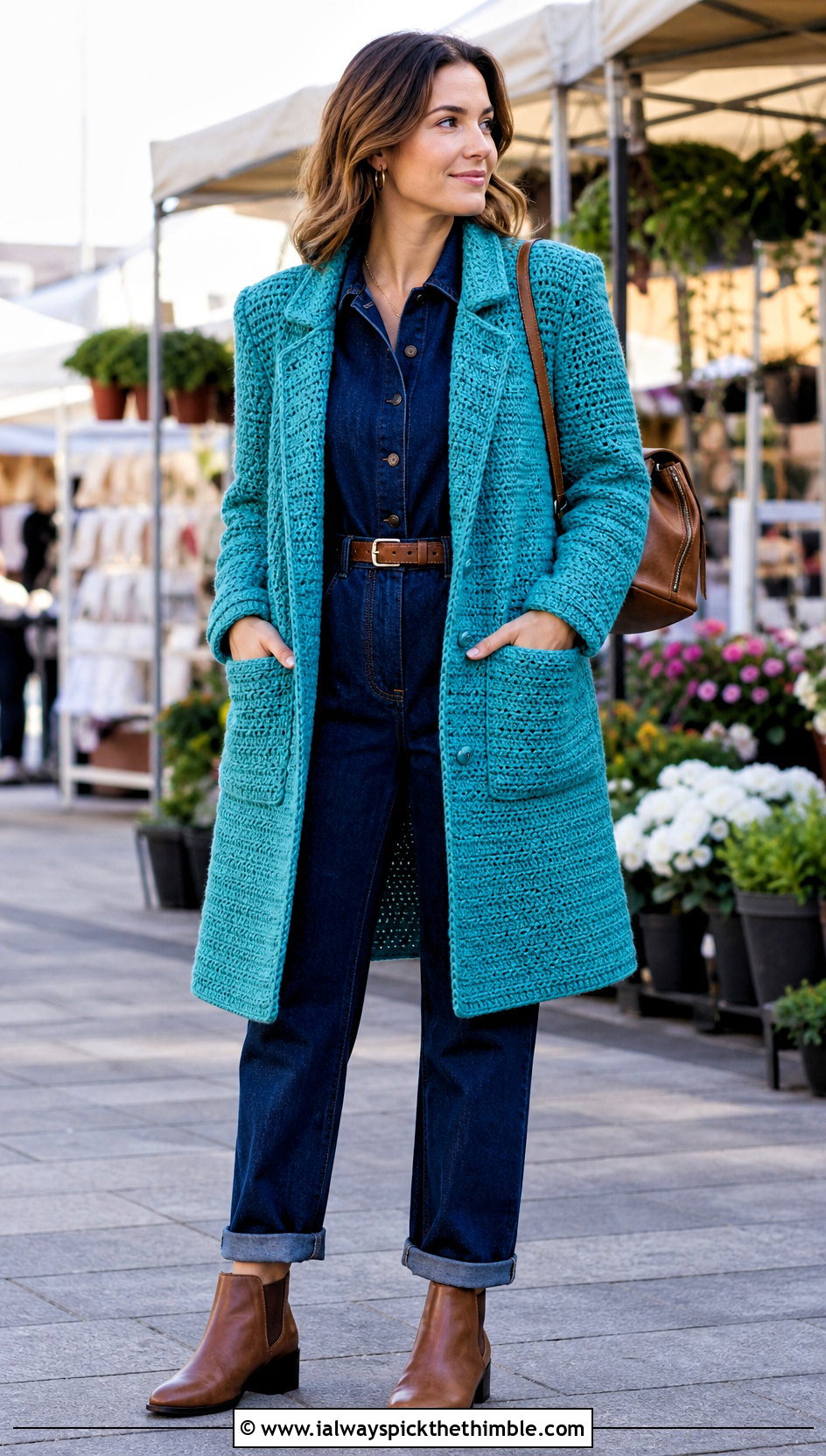 Crochet Utility Coat With Denim Jumpsuit - 25 crochet coats outfit ideas