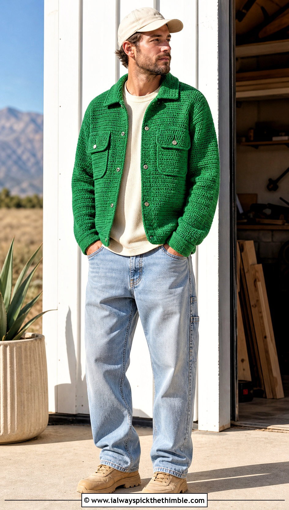 Crochet Utility Jacket With Carpenter Jeans - 25 crochet jacket for men outfit ideas