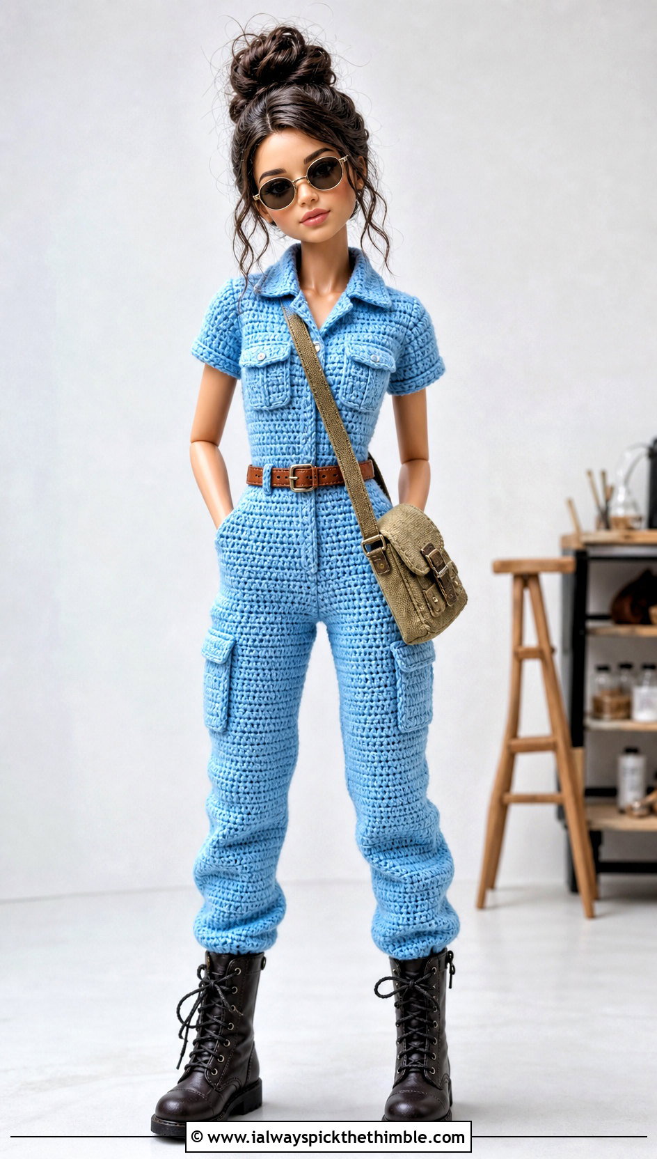 Crochet Utility Jumpsuit With Belt And Combat Boots - 20 crochet doll and clothes and outfit ideas