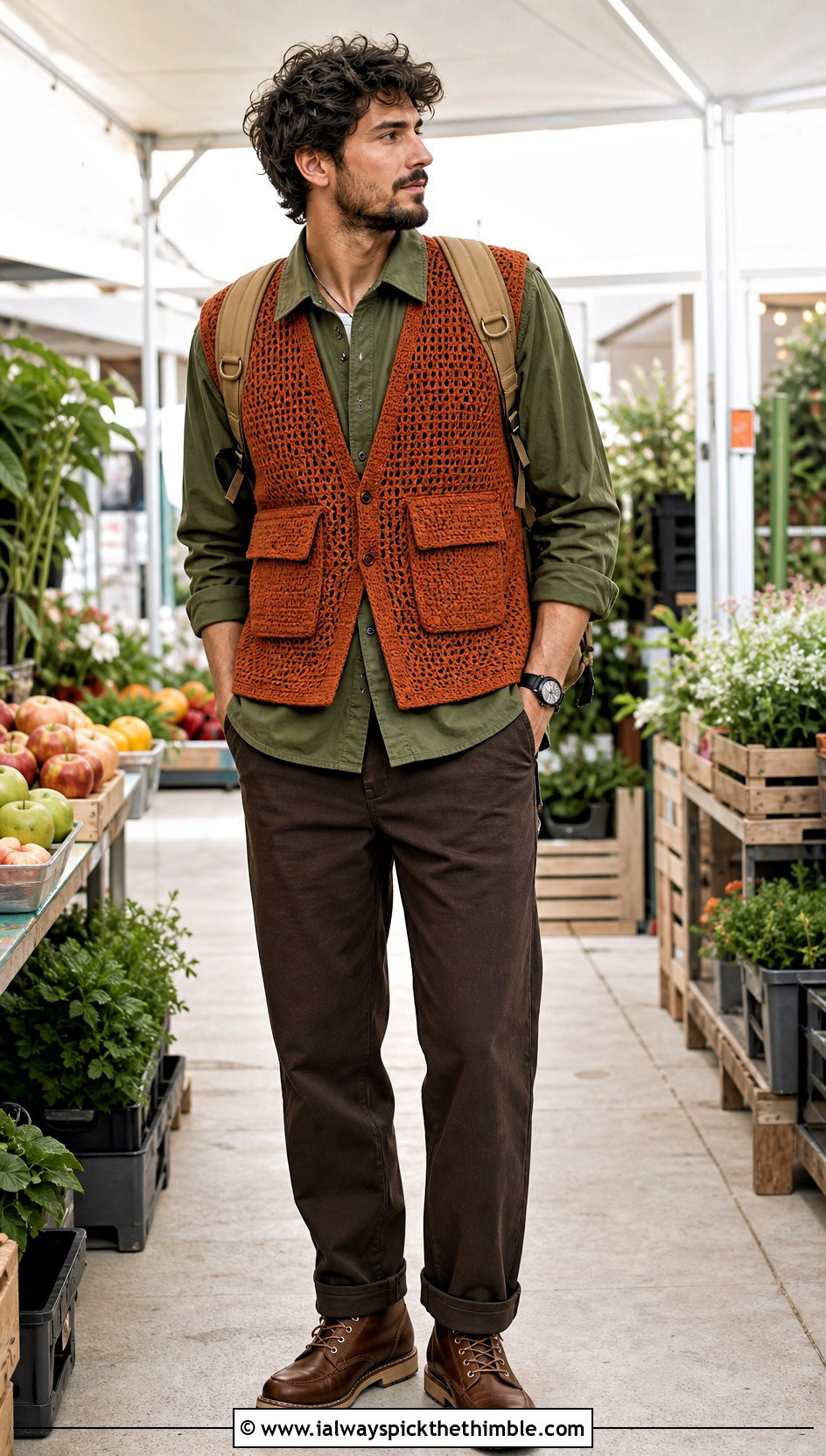 Crochet Utility Vest With Overshirt And Twill Pants - 20 Masc Crochet Clothes and outfit ideas