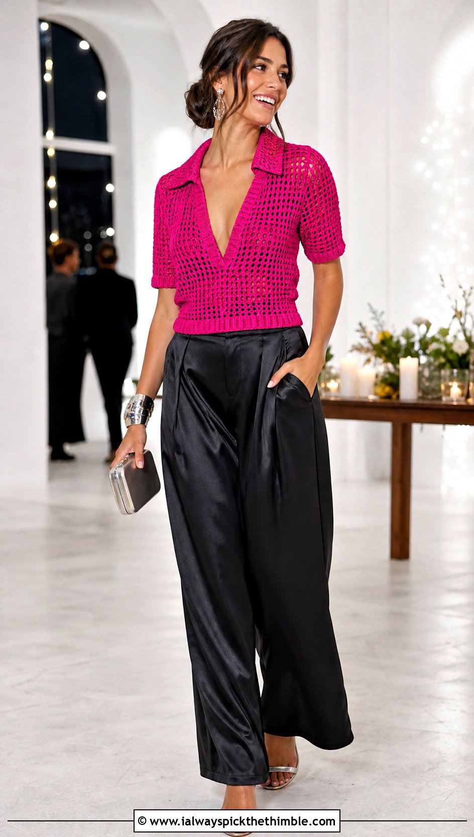 Crochet V Neck Collar Top With Satin Trousers - 20 Crochet Top With Collar outfit ideas