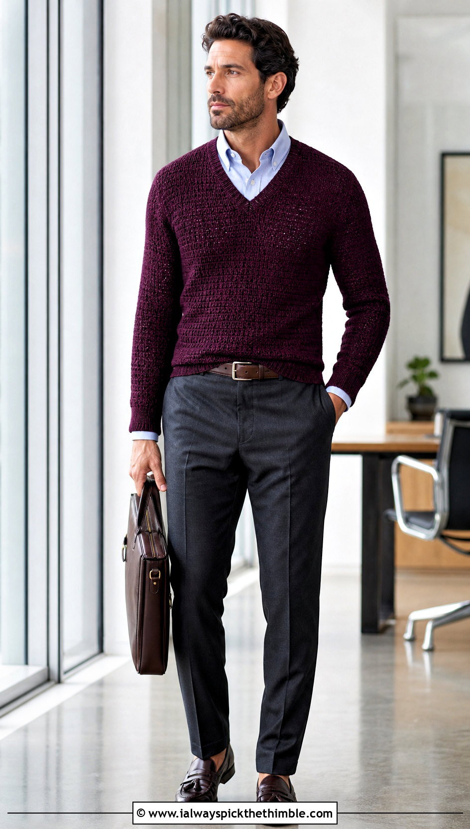 Crochet V Neck Sweater With Oxford Shirt - 25 crochet mens sweater outfit ideas
