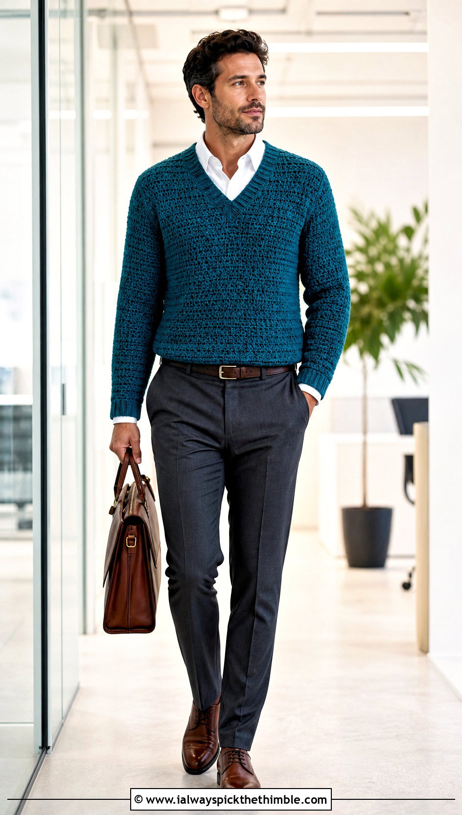 Crochet V Neck Sweater With Oxford Shirt And Dress Pants - 25 men's crochet sweater ideas