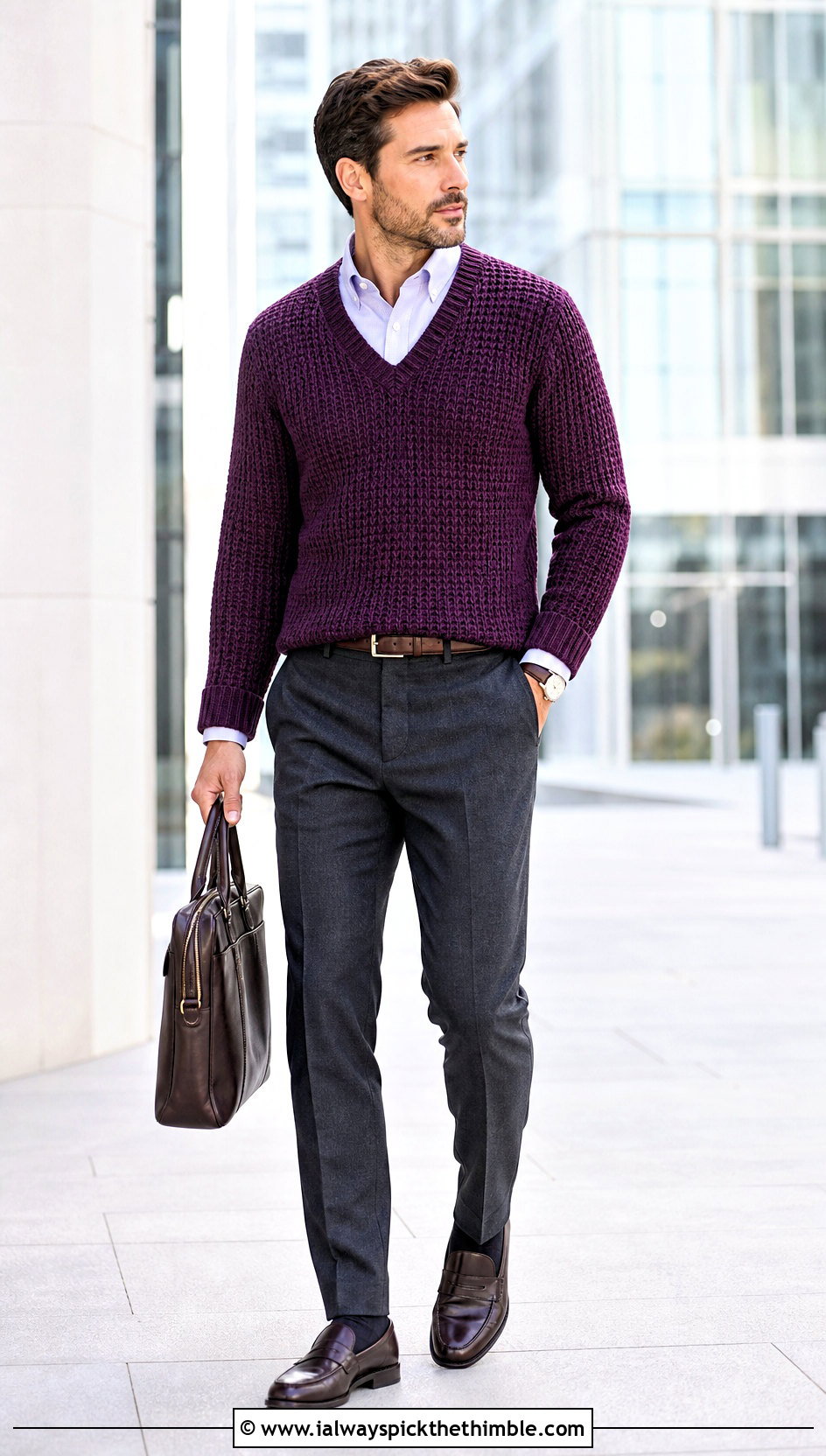 Crochet V Neck Sweater With Oxford Shirt - 20 Mens Crochet Sweaters outfit ideas