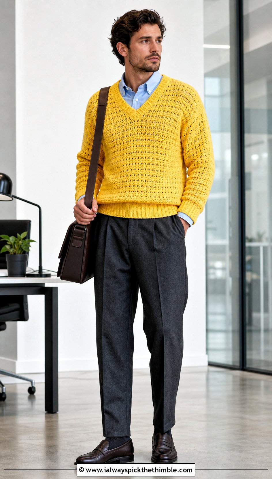 Crochet V Neck Sweater With Pleated Trousers - 15 Crochet Mens Sweaters outfit ideas