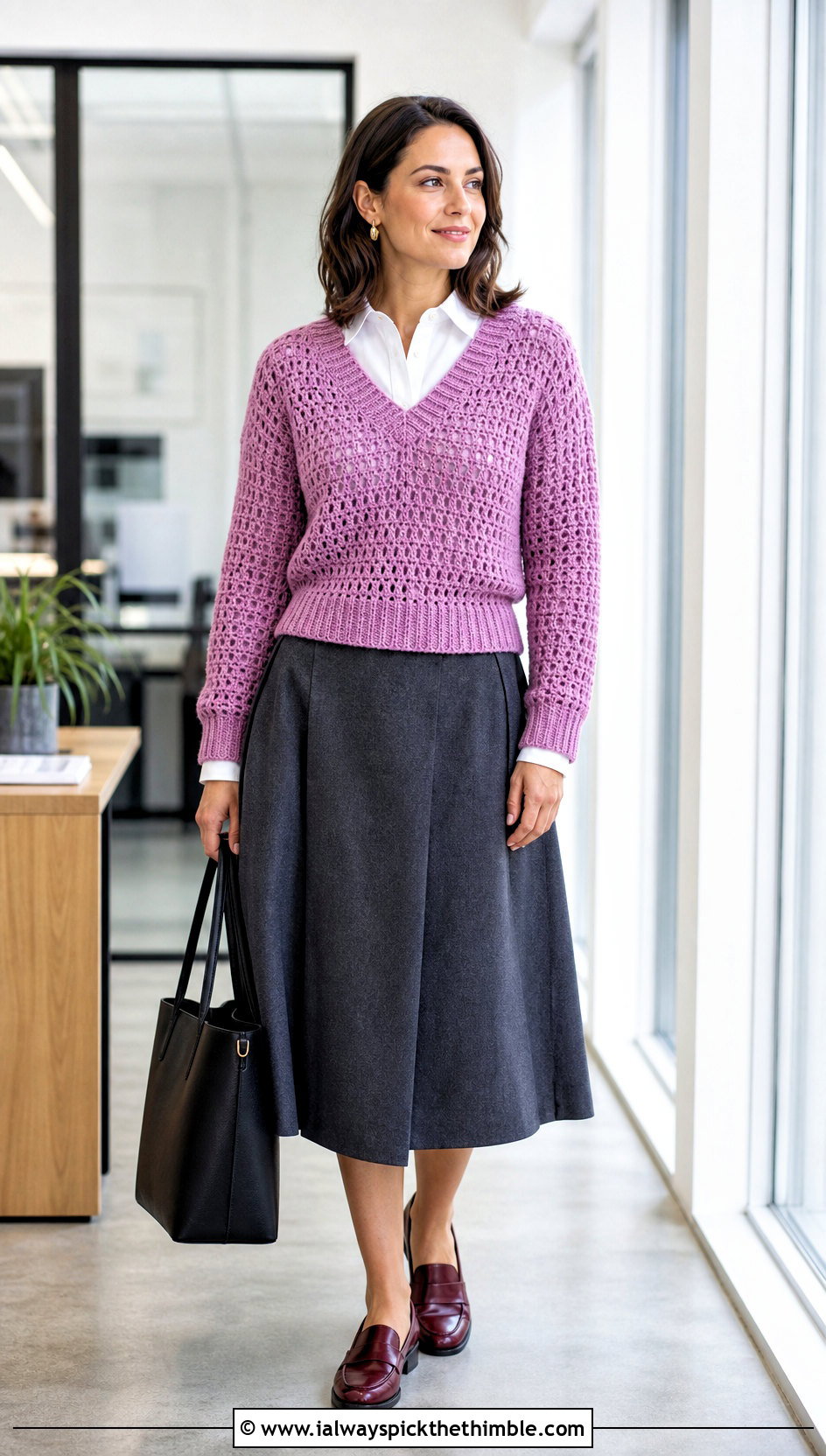Crochet V Neck Sweater With Shirt And Midi Skirt - 20 Autumn Crochet Sweater outfit ideas