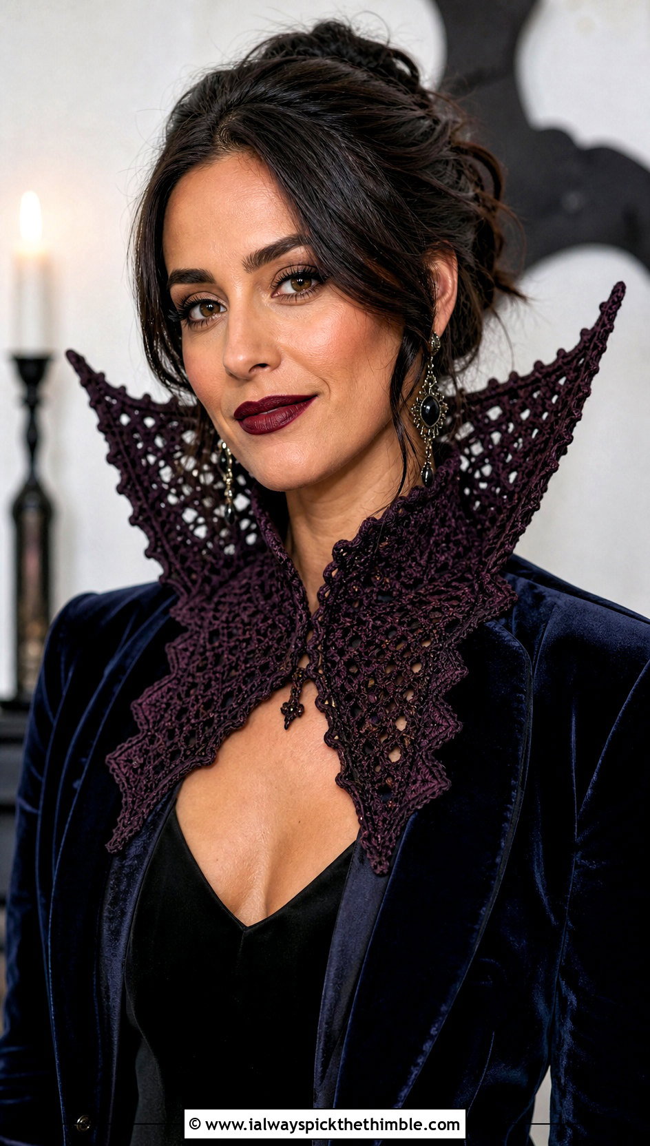 Crochet Vampire Collar With Velvet Pantsuit - 20 crochet halloween outfit ideas
