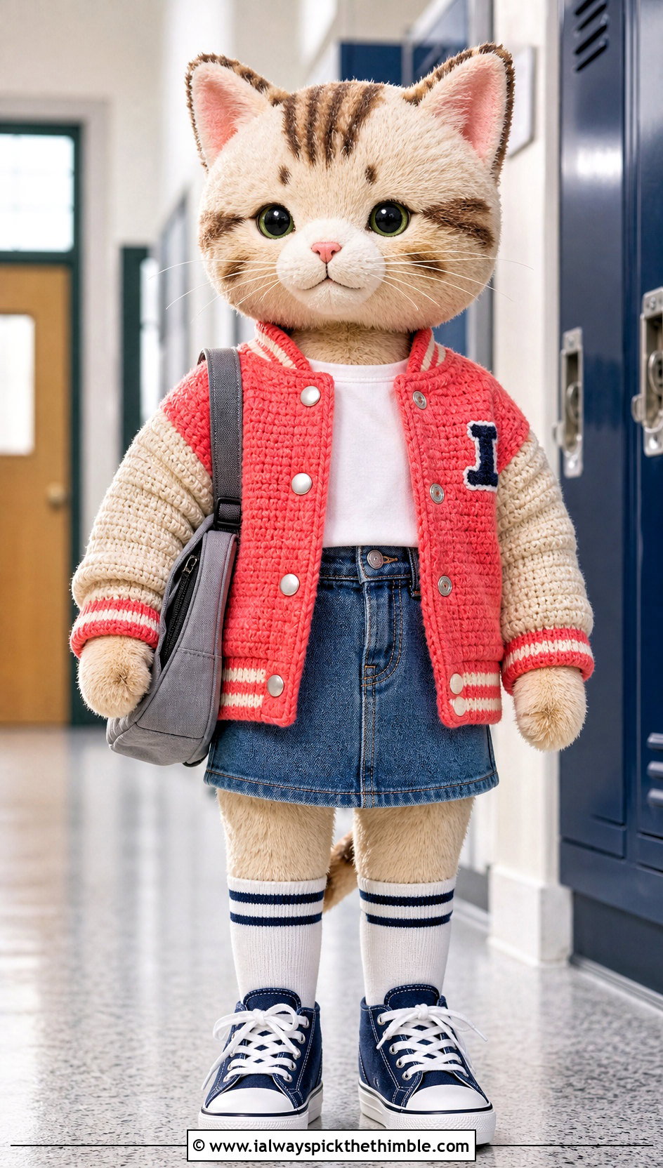 Crochet Varsity Jacket With Denim Skirt - 25 crochet clothes for stuffed animals outfit ideas