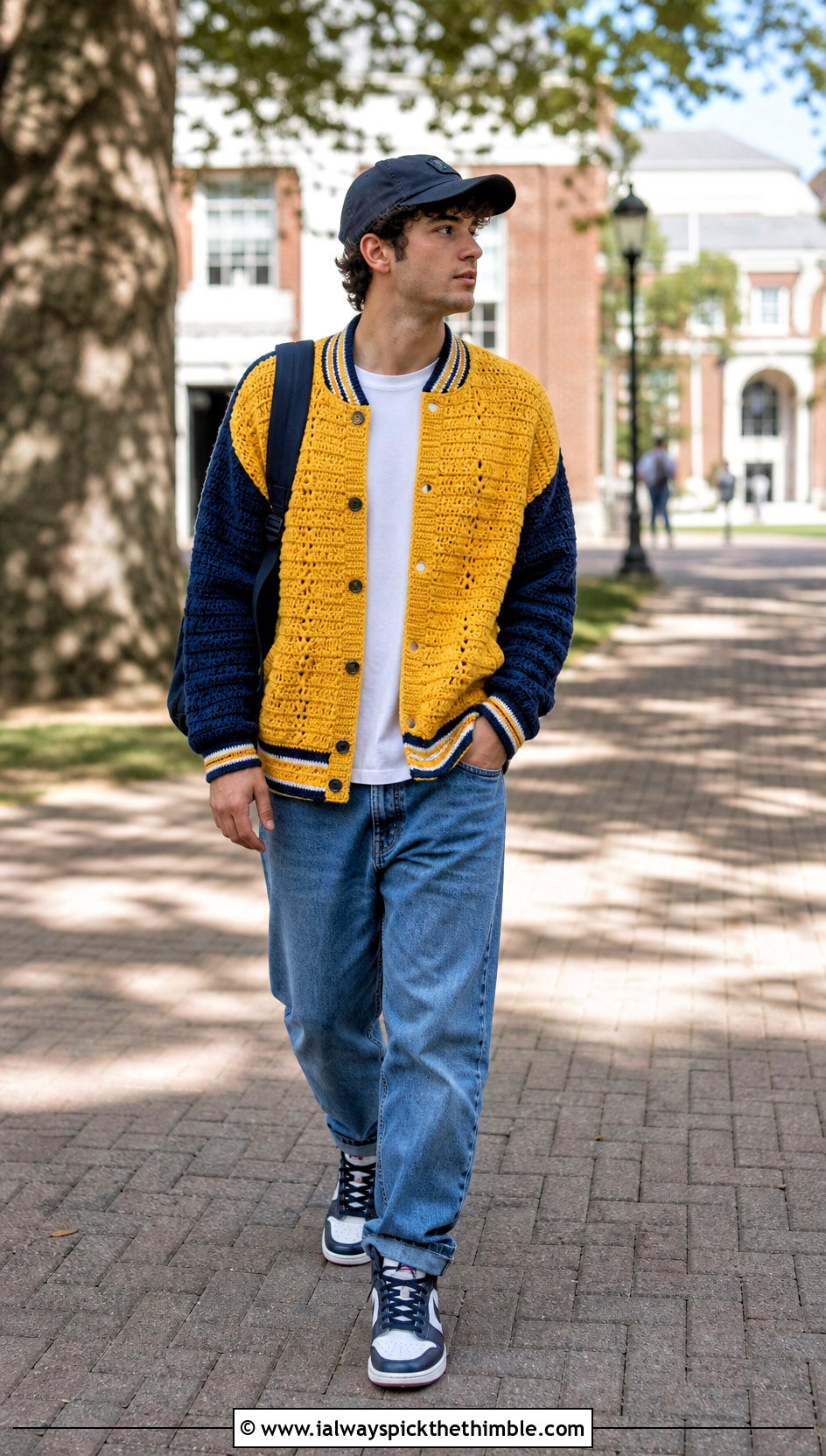 Crochet Varsity Jacket With Relaxed Jeans - 20 crochet men's clothes and outfit ideas