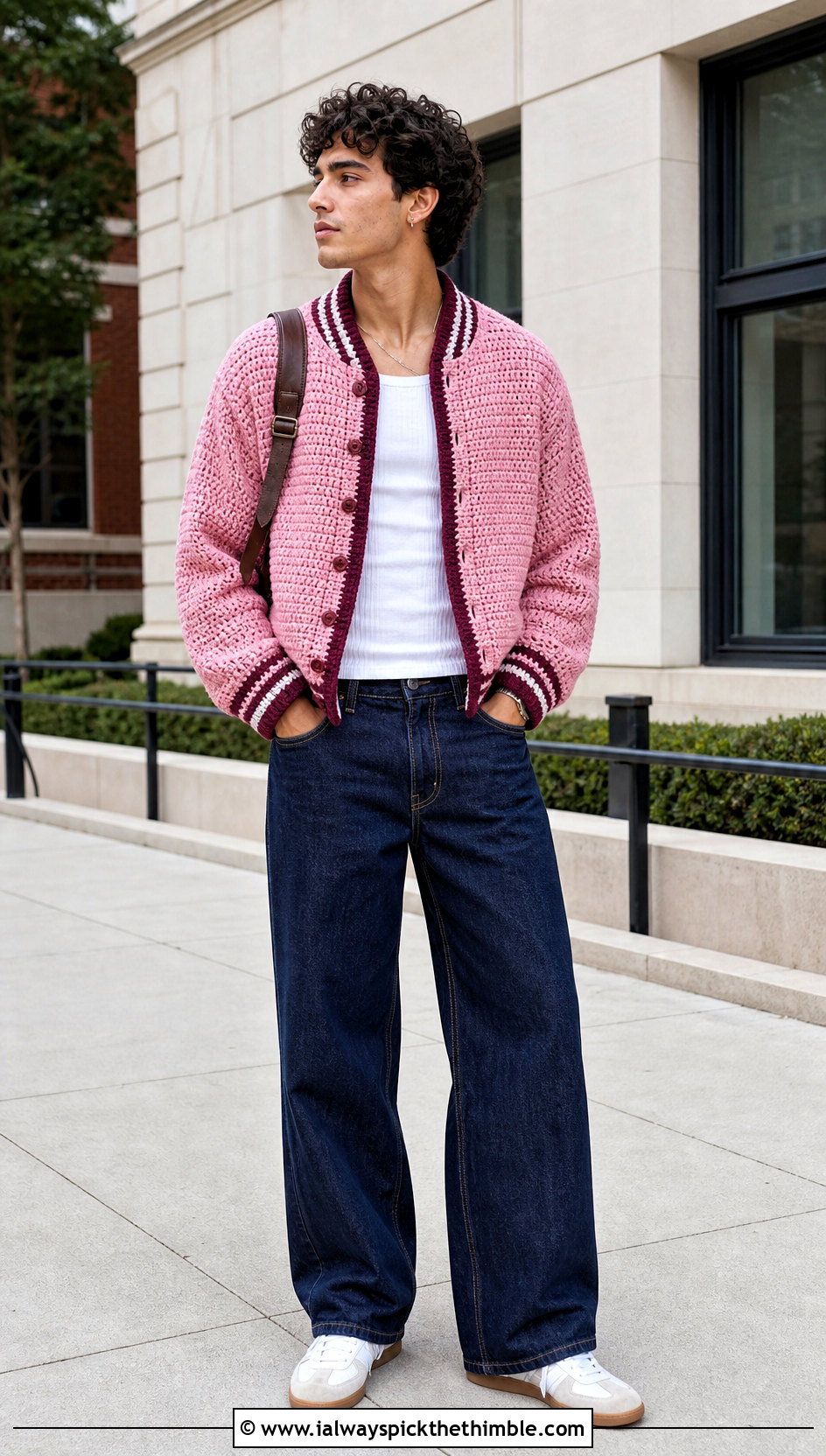 Crochet Varsity Jacket With Wide Leg Jeans - 25 crochet jacket for men outfit ideas