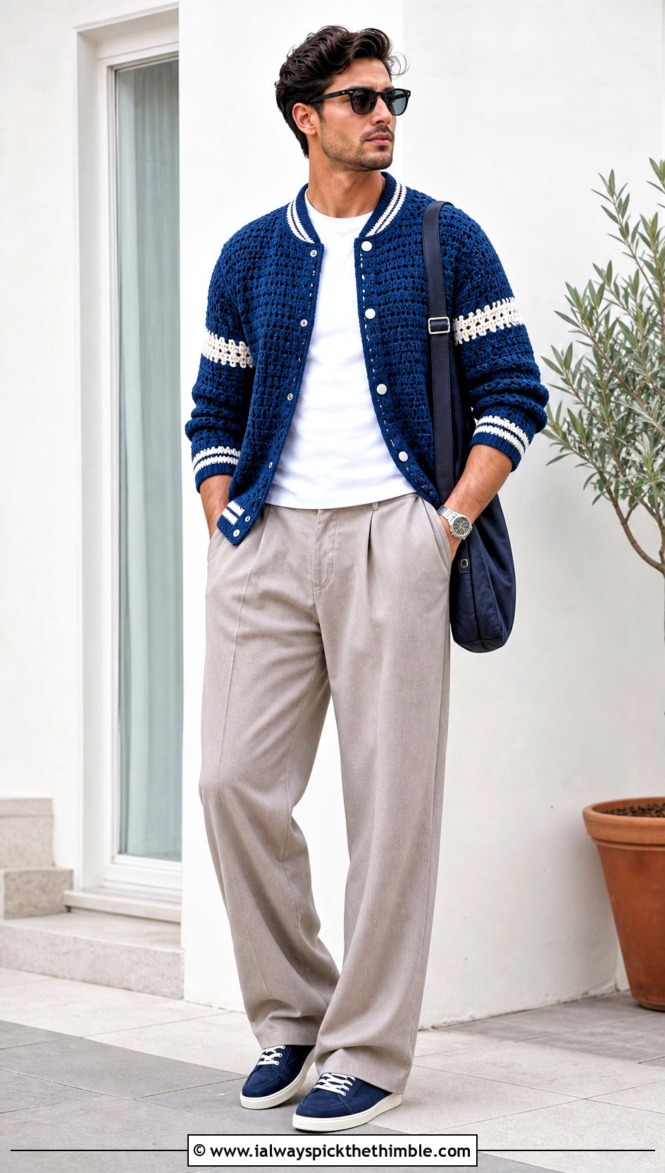 Crochet Varsity Jacket With Wide Leg Trousers - 15 Crochet Mens Jacket outfit ideas